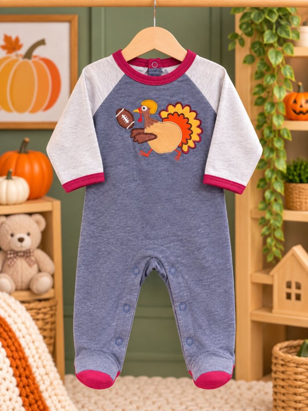 Baby Essentials Thanksgiving Turkey Football Footed Romper 3M